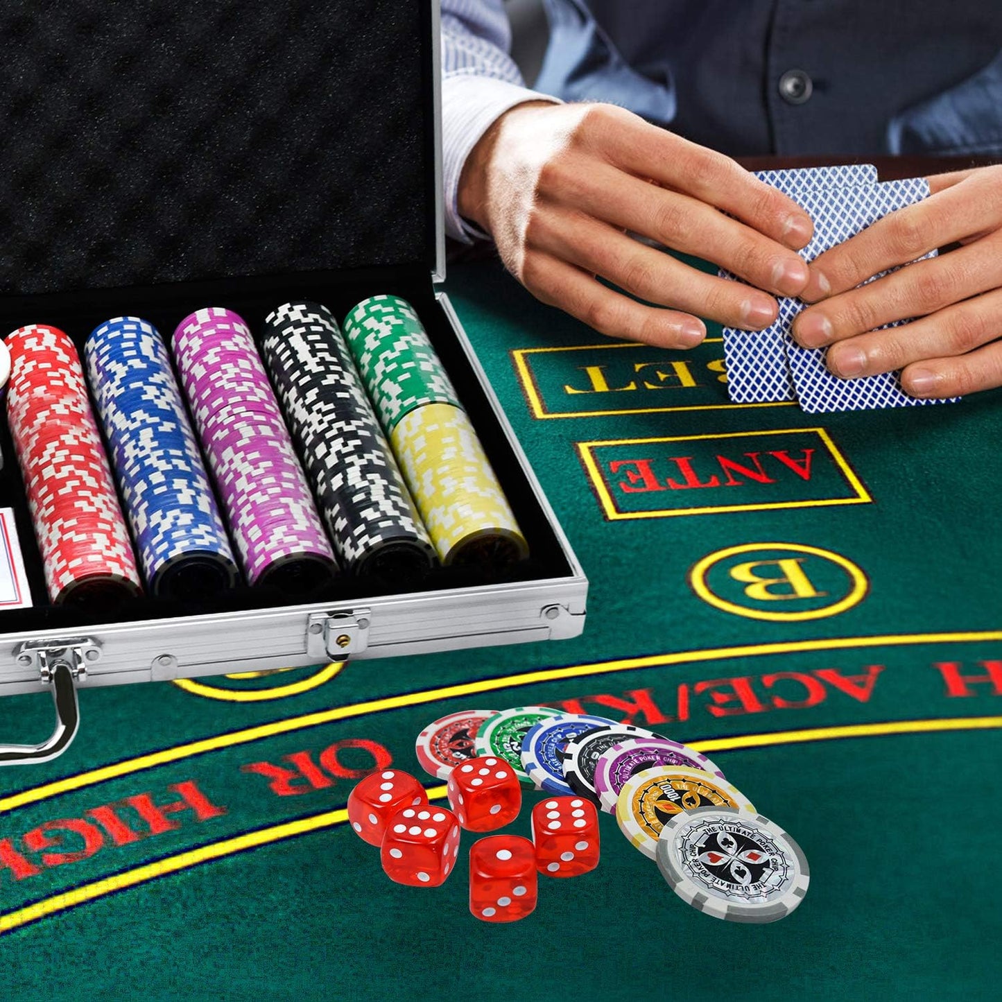 TRMLBE Mallette De Poker 500 Jetons Laser Coffret De Poker Poker Set Jetons De Poker Avec 2X Jeux De Poker, 3X Bouton Dealer, 5X Dés, Mallette En Aluminium Avec 2 Clés - Noir