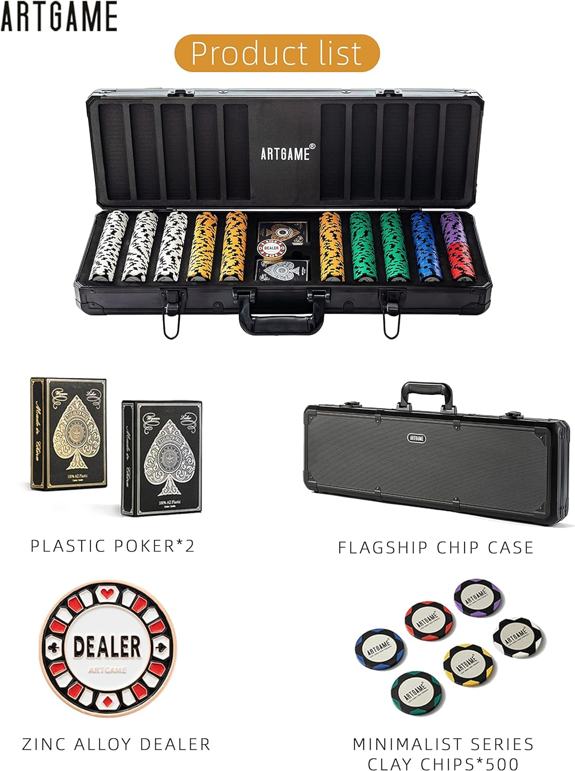 14 Gram Clay Poker Chip Set for Texas Hold’Em, 500Pcs Casino Style Chips, with K-Type Aluminum Case and Dealer Buttons.