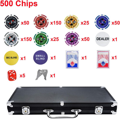 TRMLBE Mallette De Poker 500 Jetons Laser Coffret De Poker Poker Set Jetons De Poker Avec 2X Jeux De Poker, 3X Bouton Dealer, 5X Dés, Mallette En Aluminium Avec 2 Clés - Noir