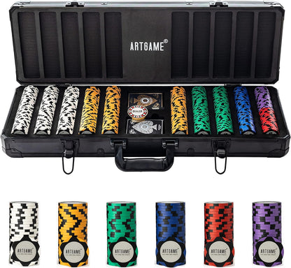 14 Gram Clay Poker Chip Set for Texas Hold’Em, 500Pcs Casino Style Chips, with K-Type Aluminum Case and Dealer Buttons.
