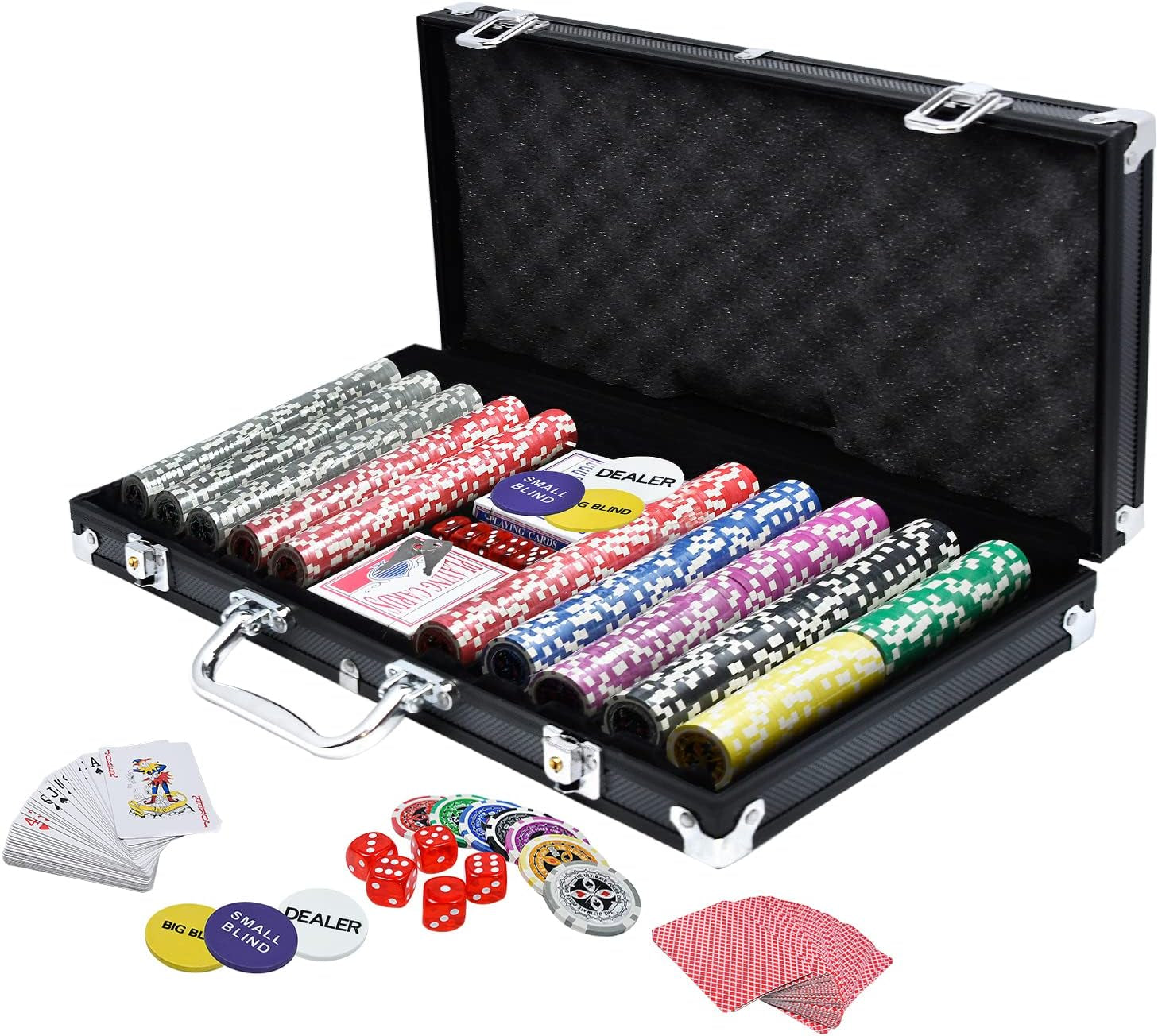 TRMLBE Mallette De Poker 500 Jetons Laser Coffret De Poker Poker Set Jetons De Poker Avec 2X Jeux De Poker, 3X Bouton Dealer, 5X Dés, Mallette En Aluminium Avec 2 Clés - Noir